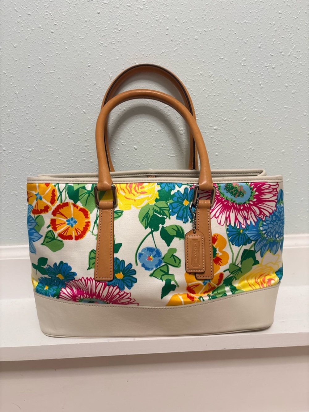 Coach Floral Tote Canvas Leather Multicolor Spring Shoulder Bag - Picture 2 of 10